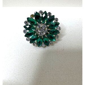 Green & Clear Rhinestone Adjustable Cocktail Ring Statement Floral Design